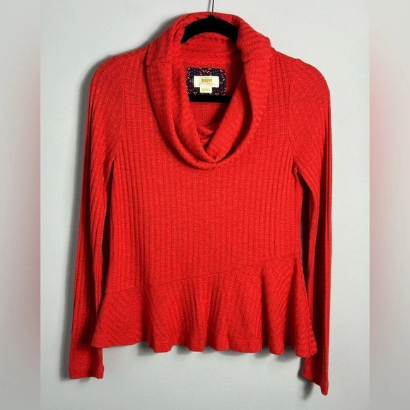 MAEVE by Anthropologie Orange Ribbed Winterscape Peplum Cowl Neck long sleeve - Picture 3 of 8